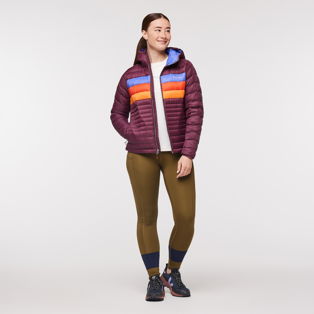 Fuego Hooded Down Jacket - Women's, Wine Stripes, Model Aya