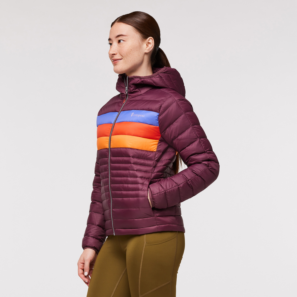 Fuego Hooded Down Jacket - Women's, Wine Stripes, Model Aya