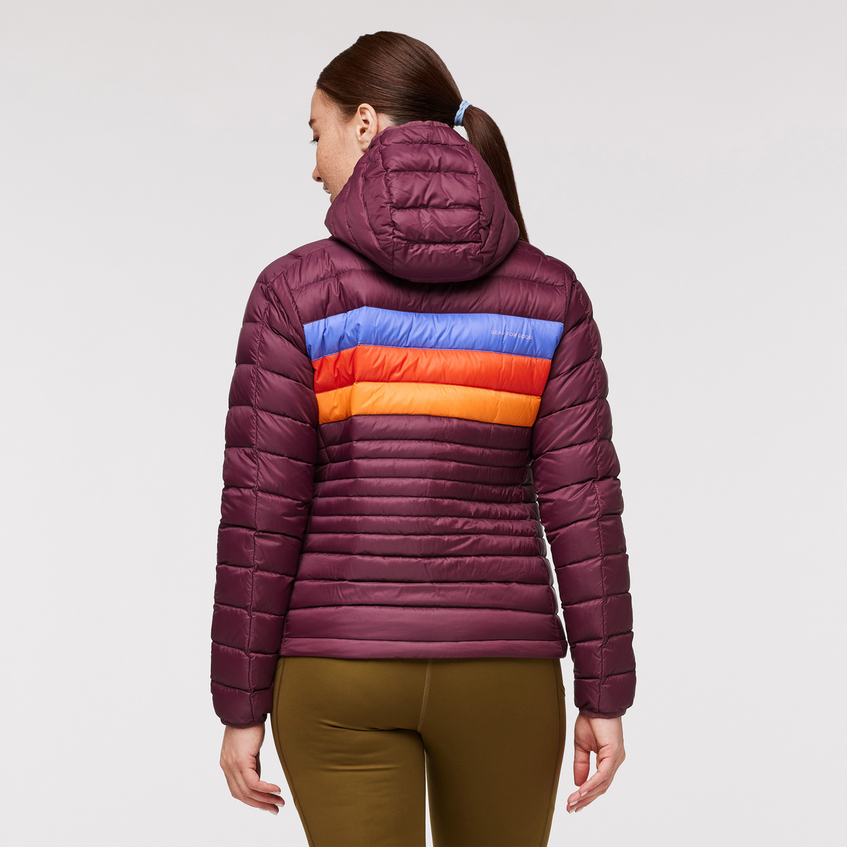Fuego Hooded Down Jacket - Women's, Wine Stripes, Model Aya