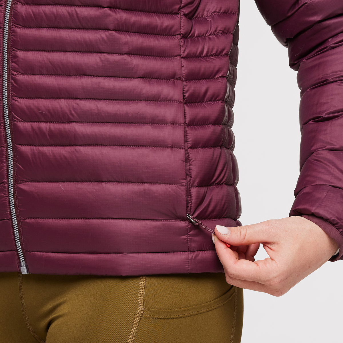 Fuego Hooded Down Jacket - Women's, Wine Stripes, Model Aya