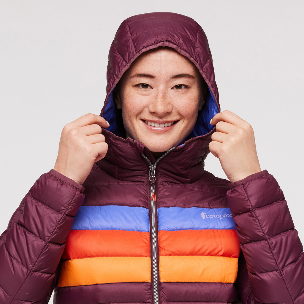 Fuego Hooded Down Jacket - Women's, Wine Stripes, Model Aya