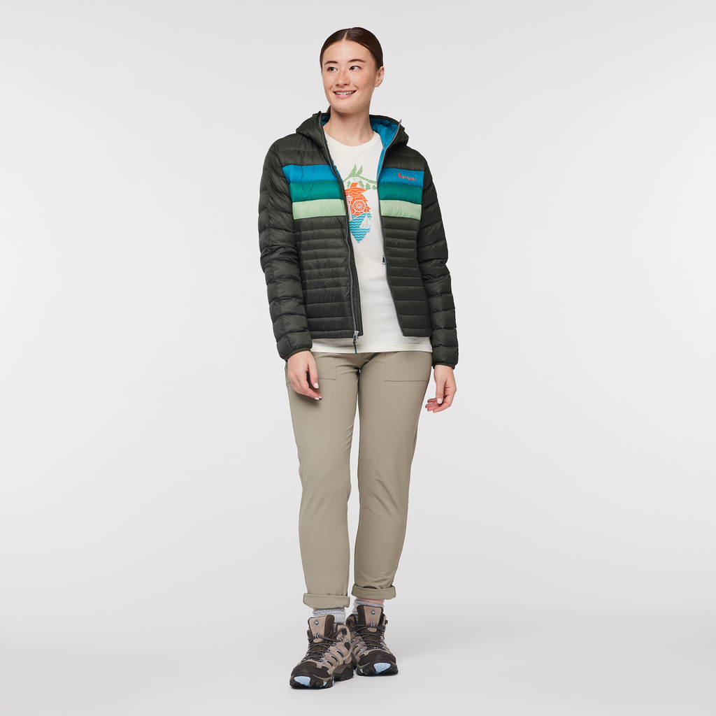 Fuego Hooded Down Jacket - Women's, Woods Stripes, Model Aya