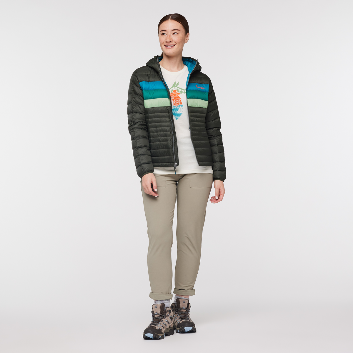 Fuego Hooded Down Jacket - Women's, Woods Stripes, Model Aya