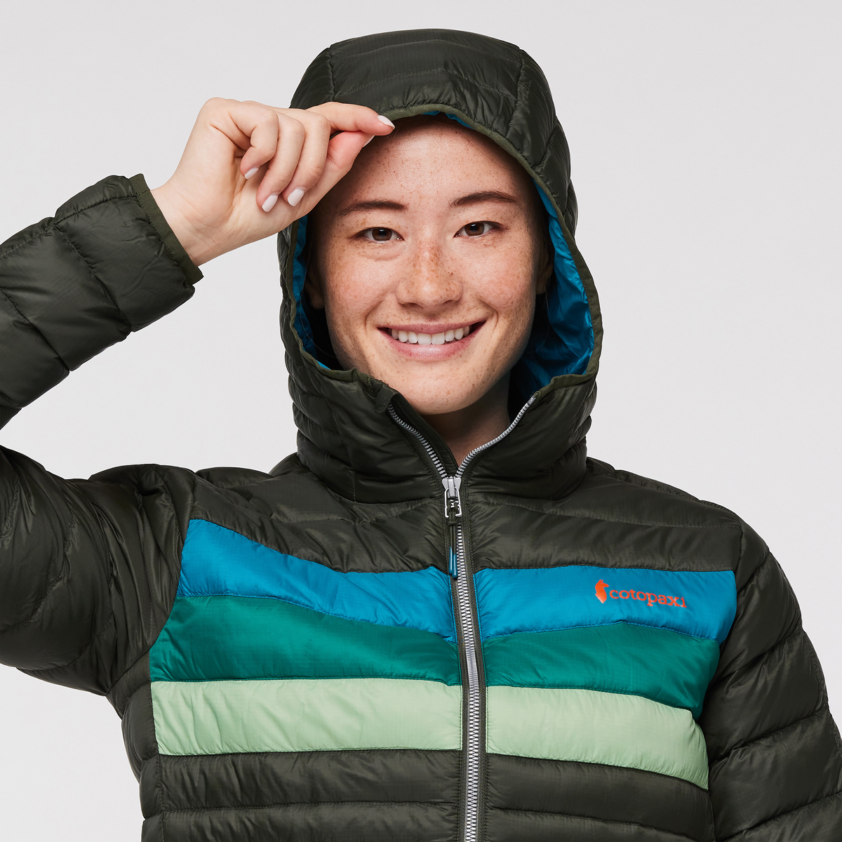 Fuego Hooded Down Jacket - Women's, Woods Stripes, Model Aya