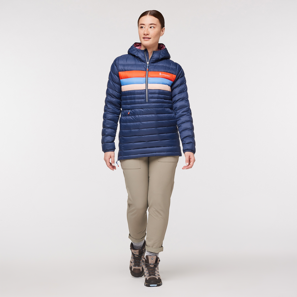 Fuego Down Hooded Pullover - Women's, Ink/Rosewood, Model Aya