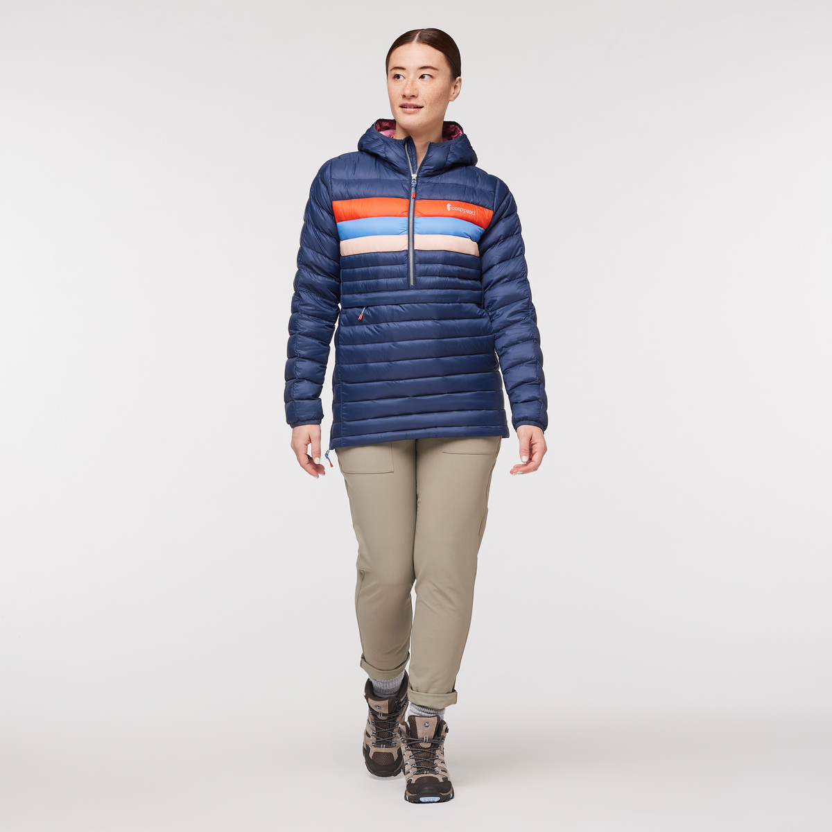 Fuego Down Hooded Pullover - Women's, Ink/Rosewood, Model Aya