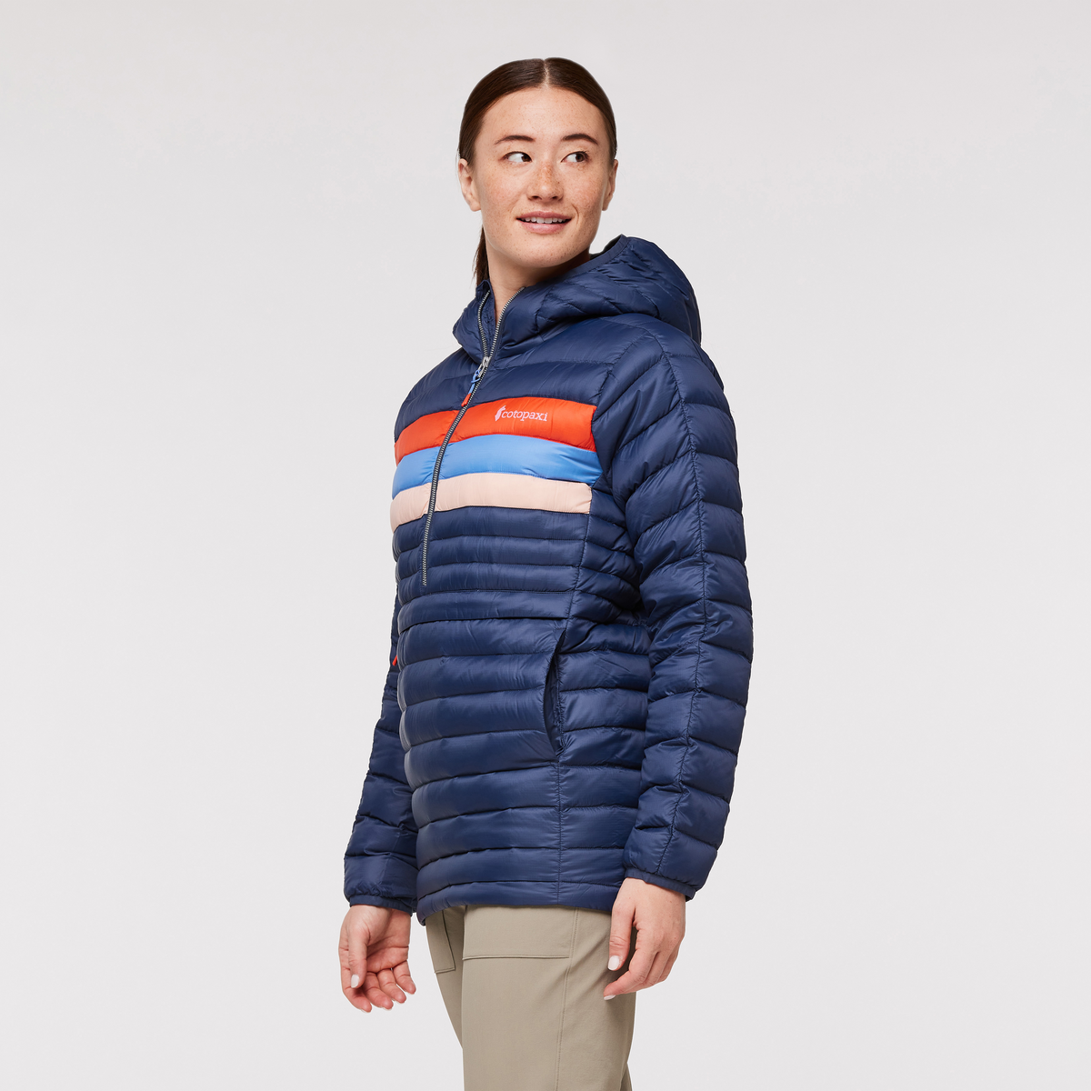 Fuego Down Hooded Pullover - Women's, Ink/Rosewood, Model Aya