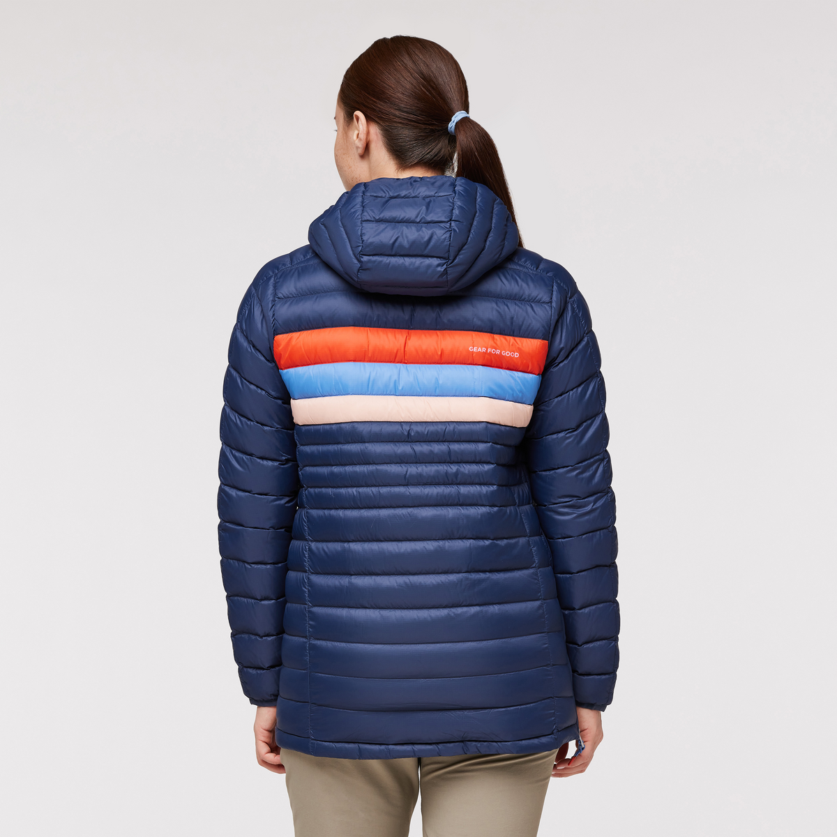 Fuego Down Hooded Pullover - Women's, Ink/Rosewood, Model Aya