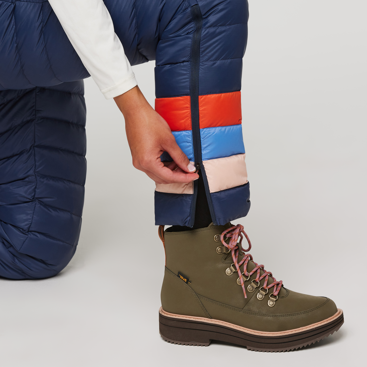 Fuego Down Pant - Women's, Ink Stripes, Model London