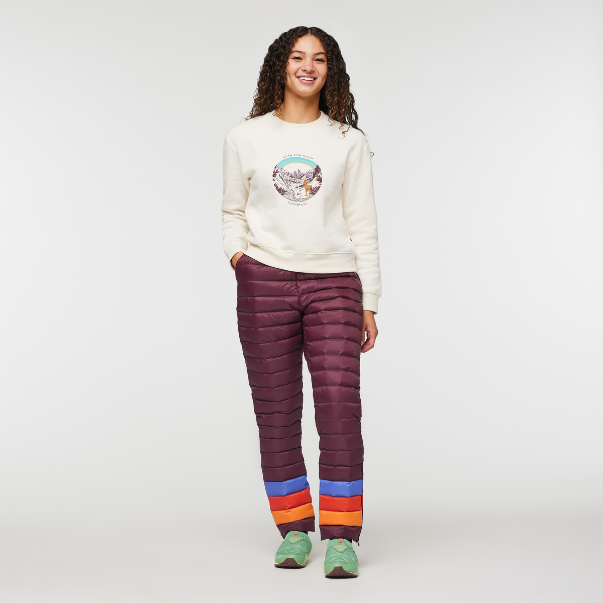 Fuego Down Pant - Women's, Wine Stripes, Model London