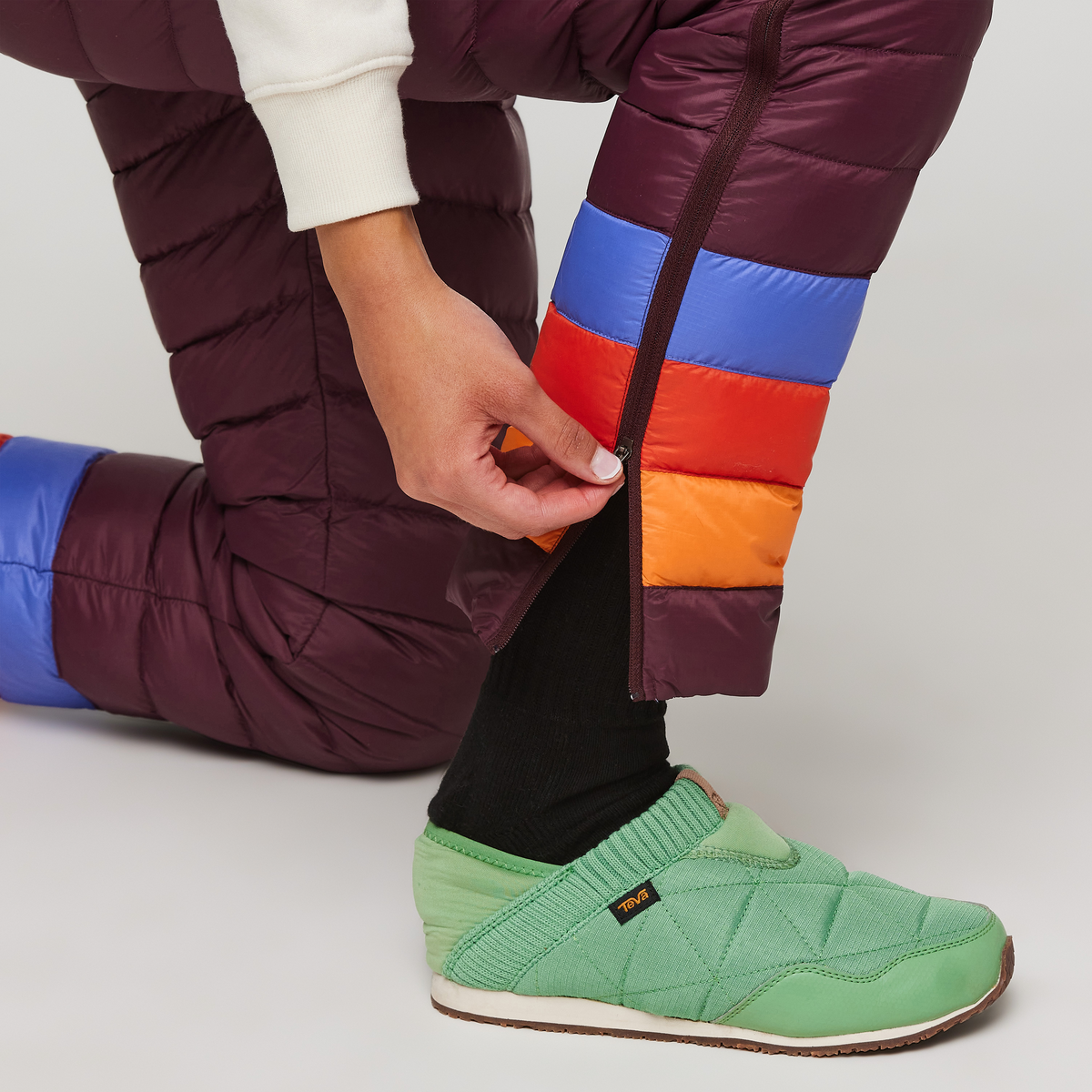Fuego Down Pant - Women's, Wine Stripes, Model London