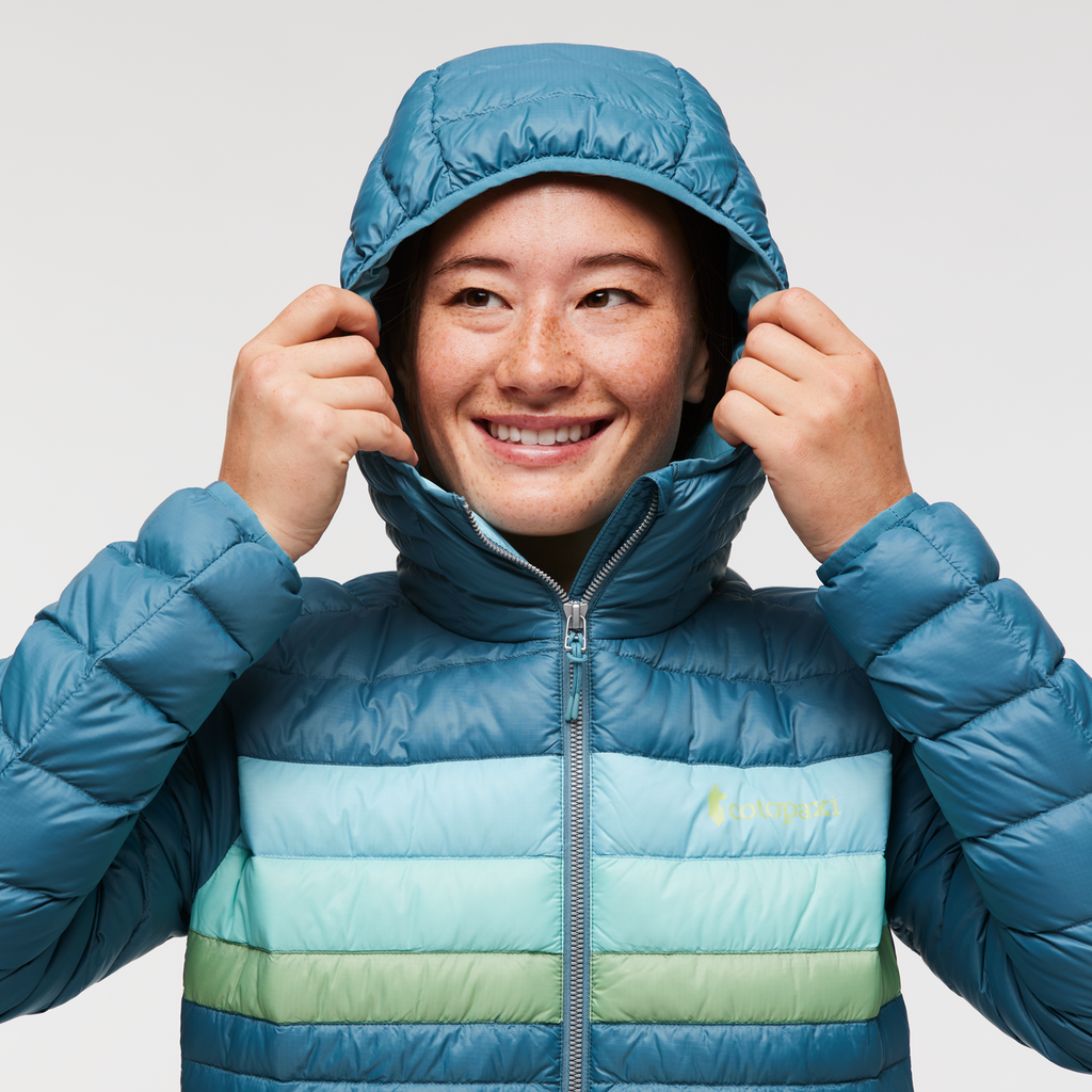 Fuego Down Parka - Women's, Blue Spruce Stripes, Model Aya