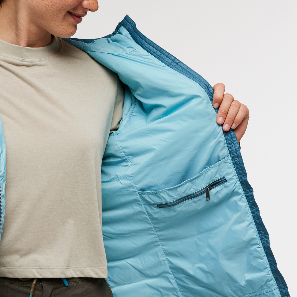 Fuego Down Parka - Women's, Blue Spruce Stripes, Model Aya