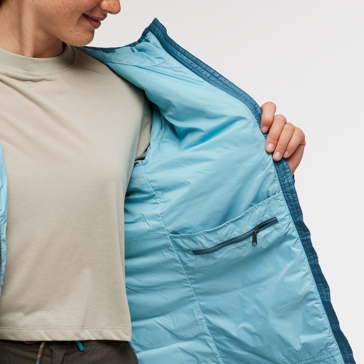 Fuego Down Parka - Women's, Blue Spruce Stripes, Model Aya