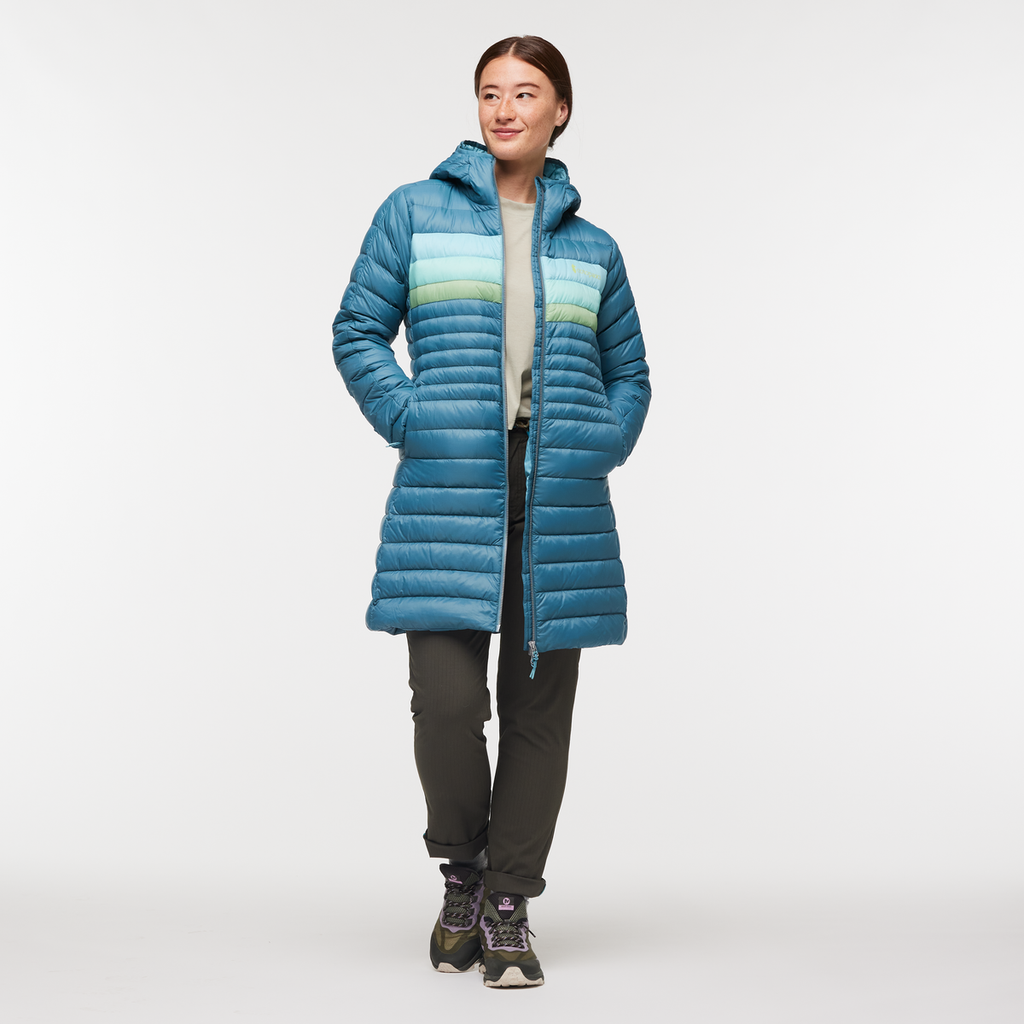 Fuego Down Parka - Women's, Blue Spruce Stripes, Model Aya
