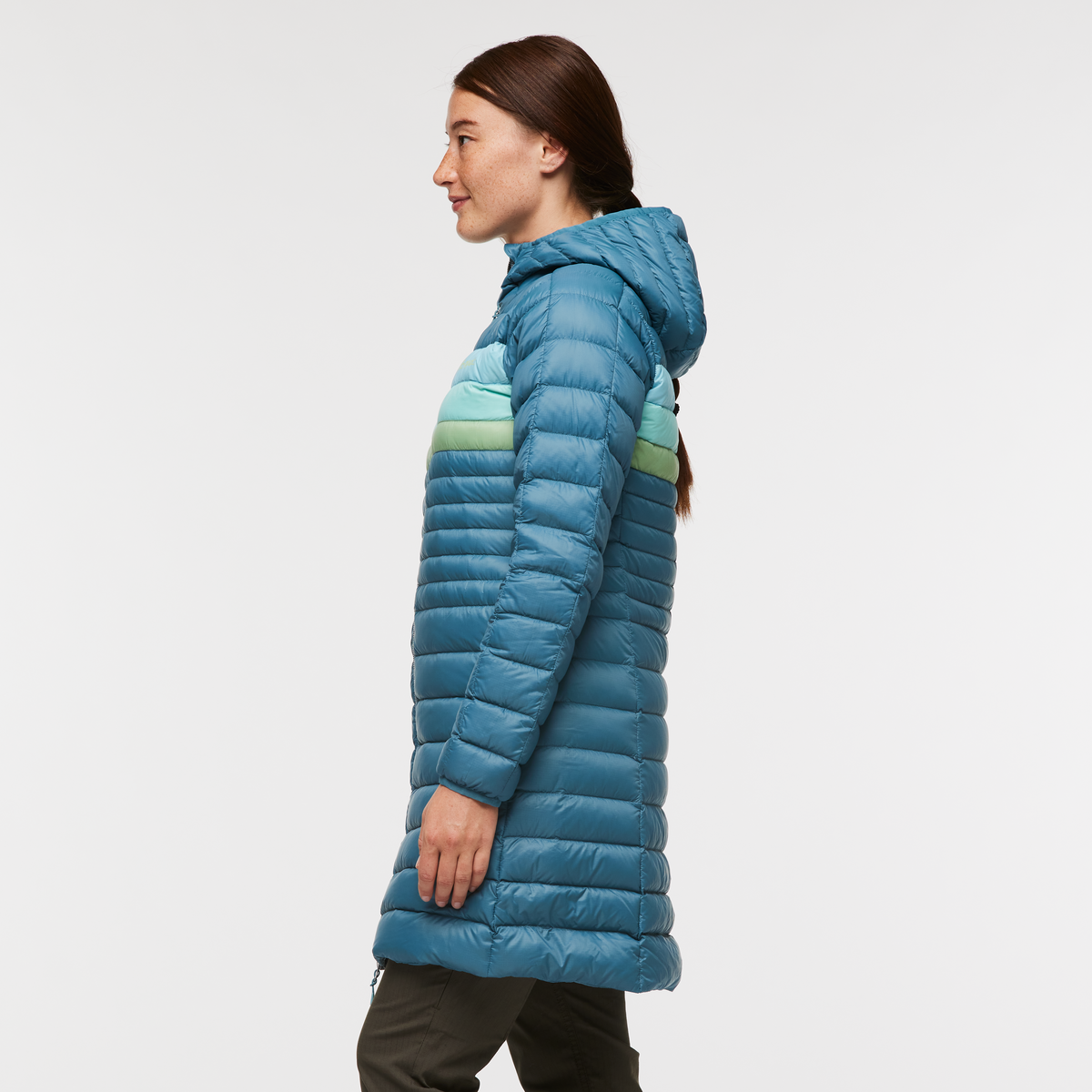 Fuego Down Parka - Women's, Blue Spruce Stripes, Model Aya