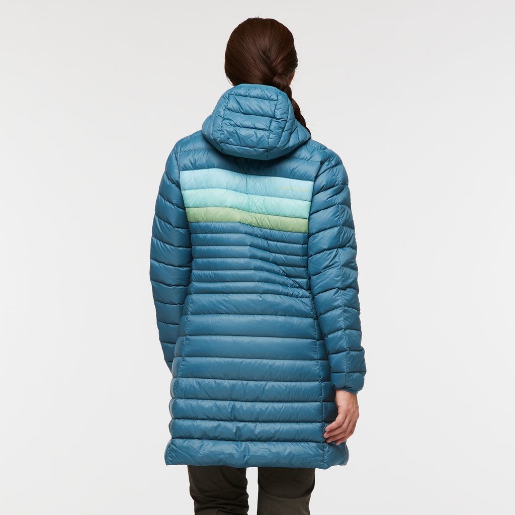 Fuego Down Parka - Women's, Blue Spruce Stripes, Model Aya
