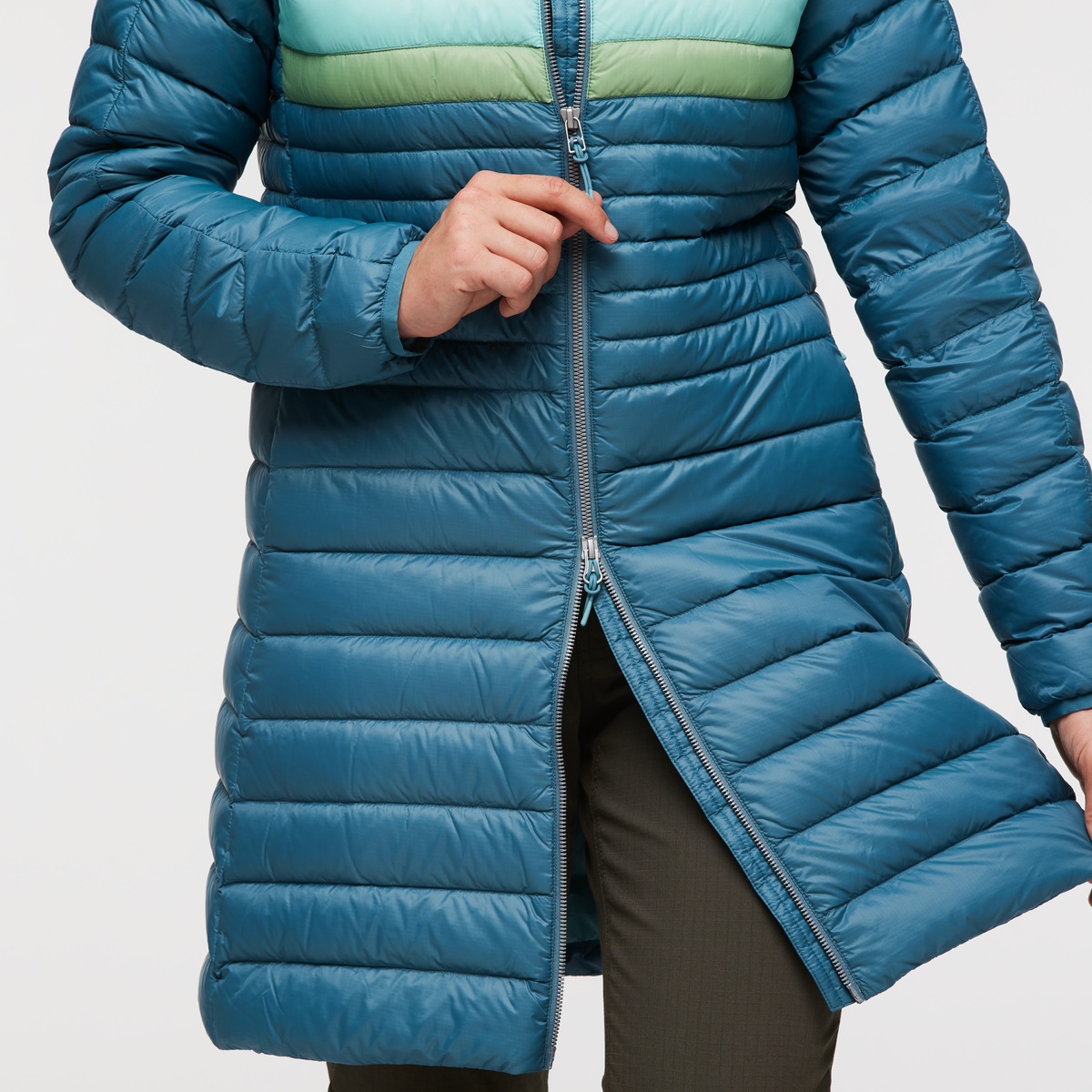 Fuego Down Parka - Women's, Blue Spruce Stripes, Model Aya