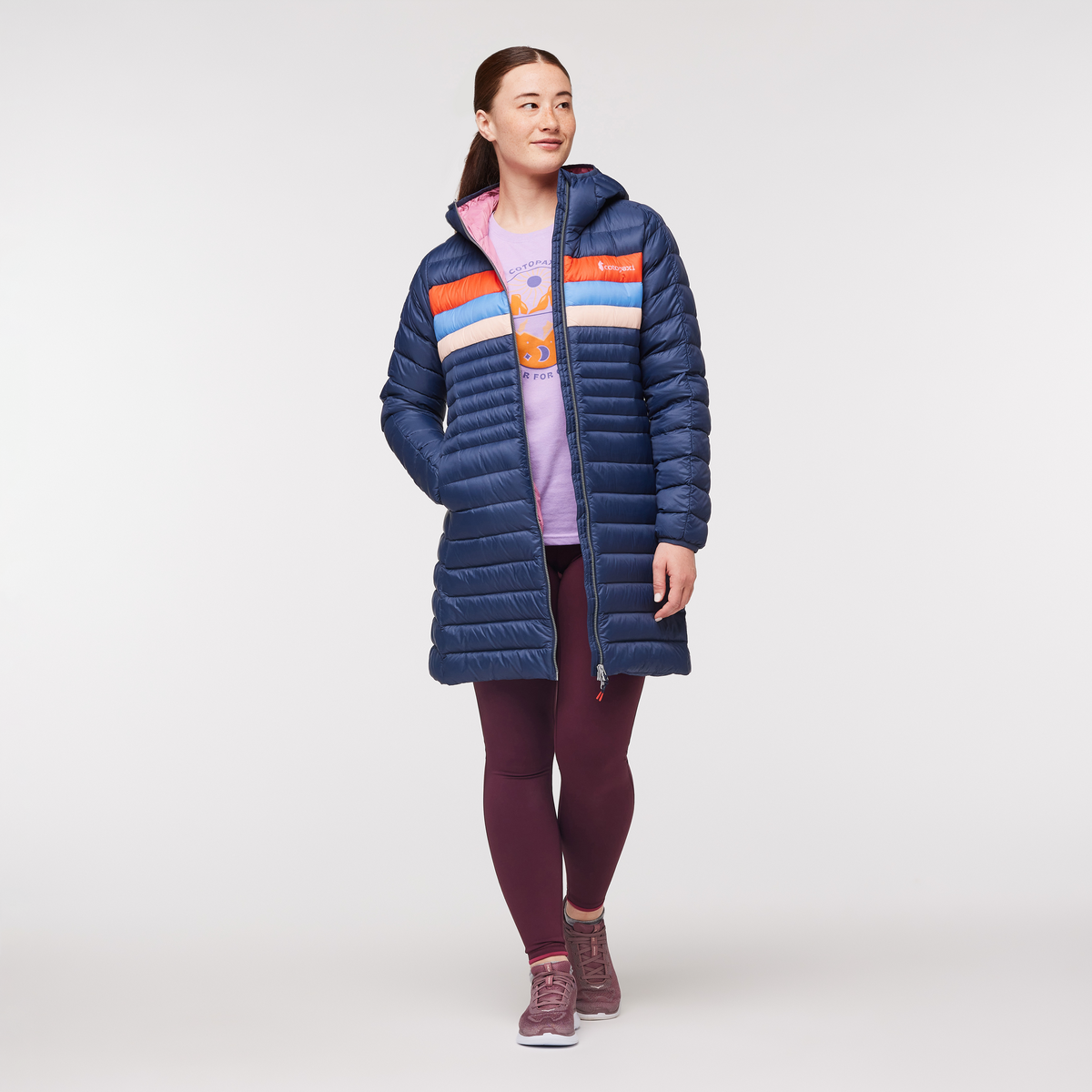 Fuego Down Parka - Women's, Ink Stripes, Model Aya