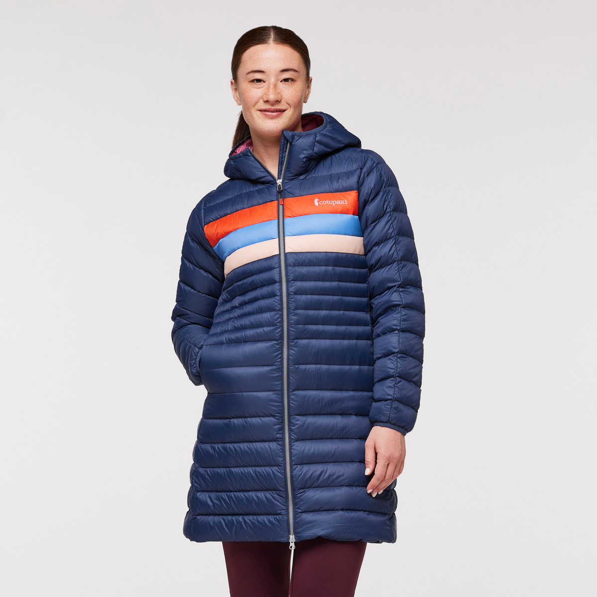 Fuego Down Parka - Women's, Ink Stripes, Model Aya