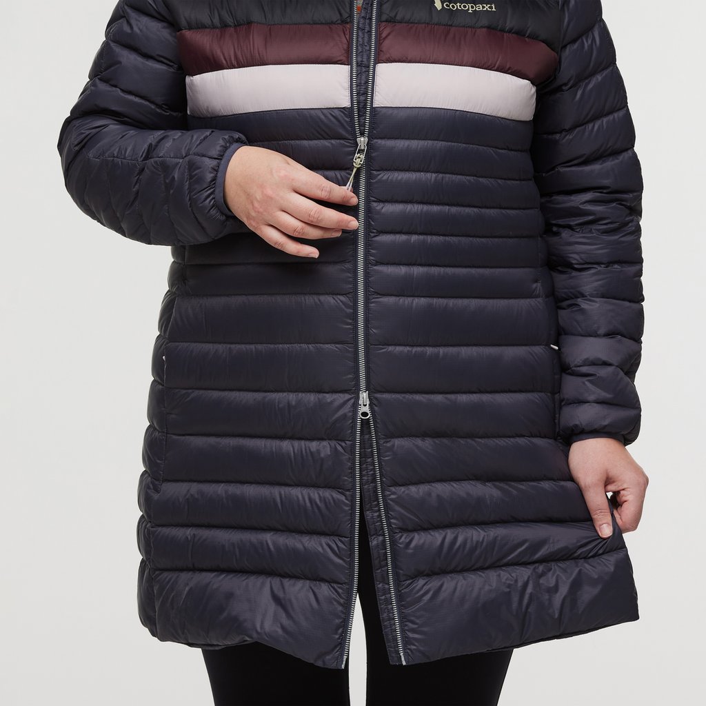 Fuego Down Parka - Women's, Graphite Stripes, Model Jennifer