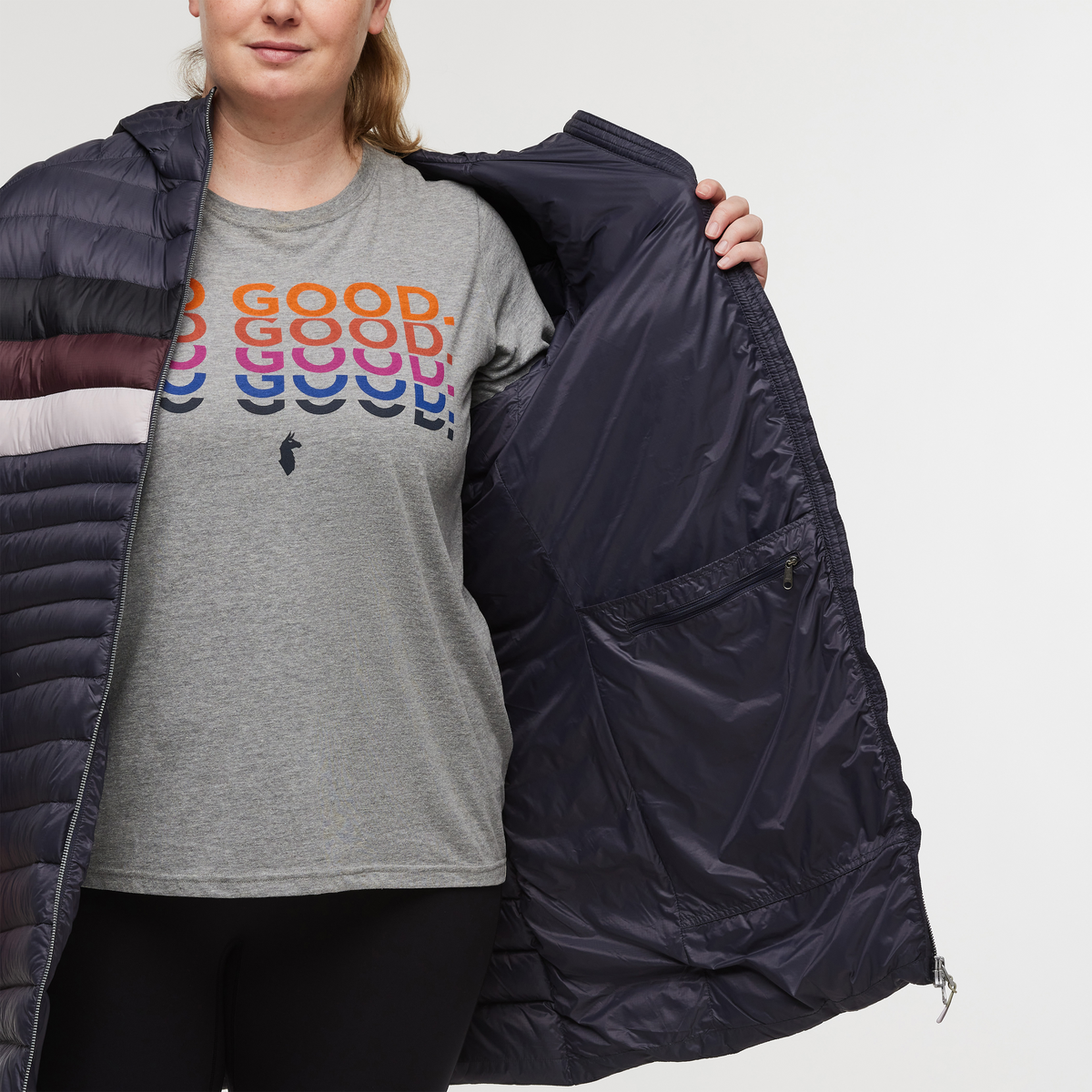 Fuego Down Parka - Women's, Graphite Stripes, Model Jennifer