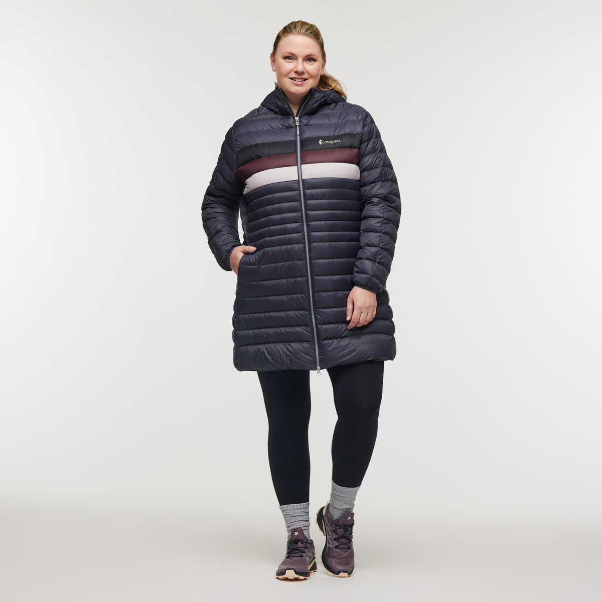 Fuego Down Parka - Women's, Graphite Stripes, Model Jennifer
