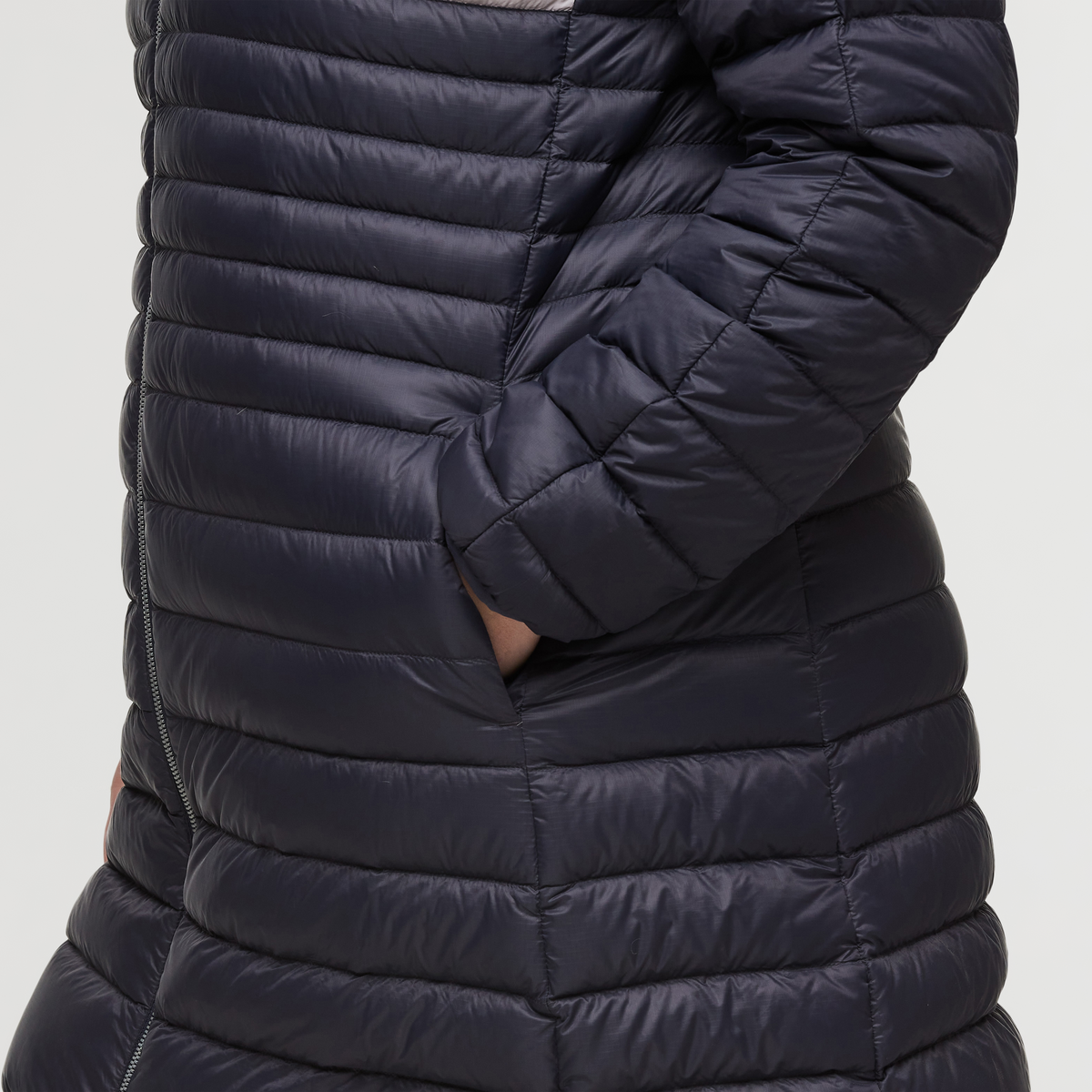 Fuego Down Parka - Women's, Graphite Stripes, Model Jennifer
