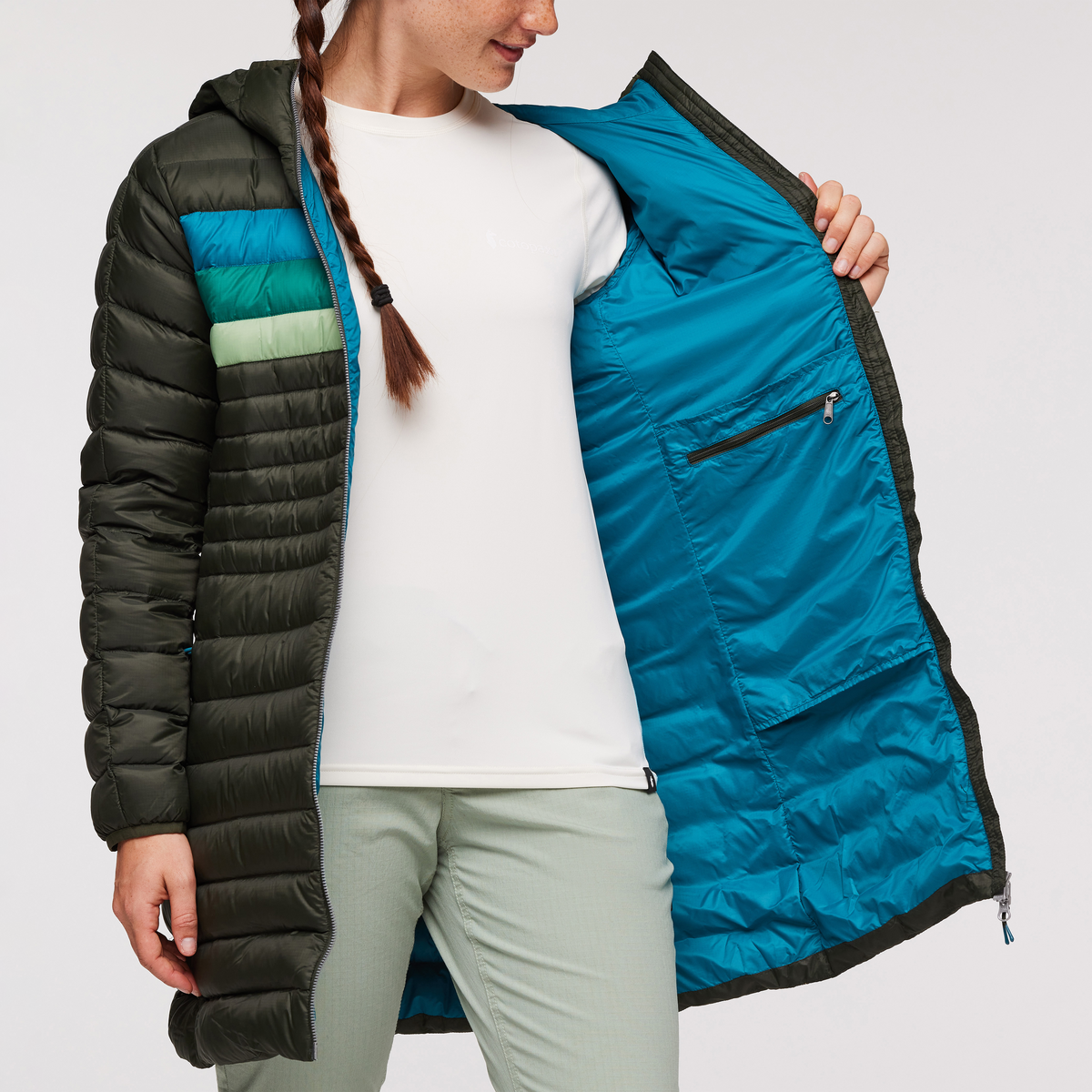Fuego Down Parka - Women's, Woods Stripes, Model Aya