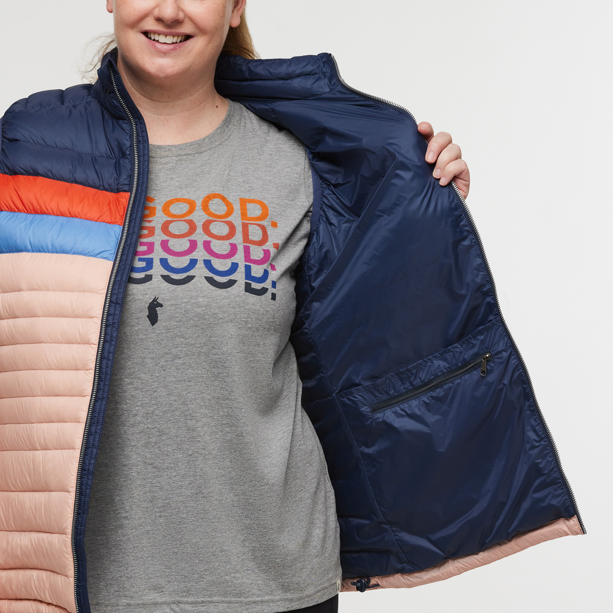 Fuego Down Vest - Women's, Ink/Rosewood, Model Jennifer