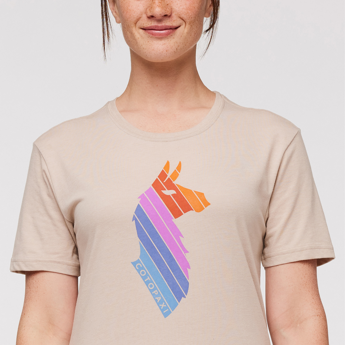 Llama Stripes Organic T-Shirt - Women's, Oatmeal, Model Aya