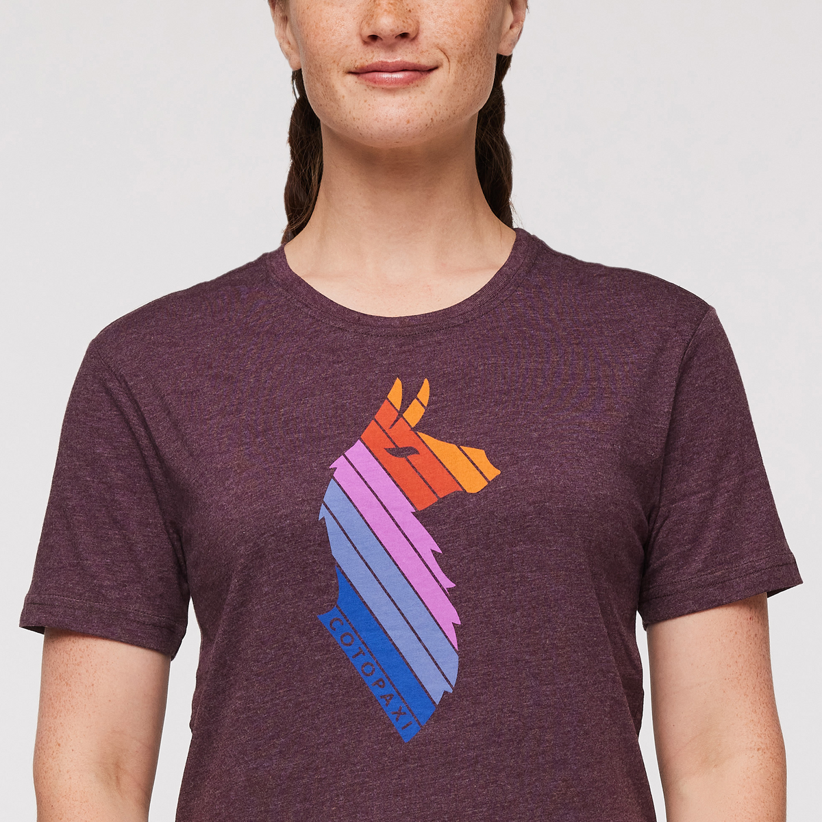 Llama Stripes Organic T-Shirt - Women's, Wine, Model Aya