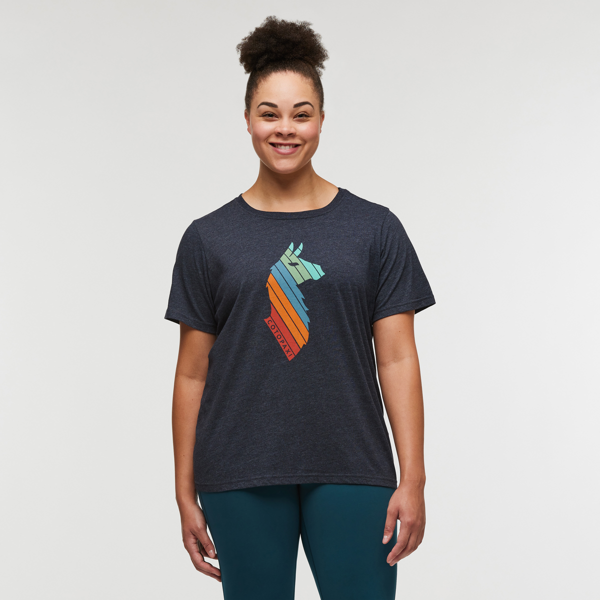 Llama Stripes Organic T-Shirt - Women's, Graphite, Model Brianna