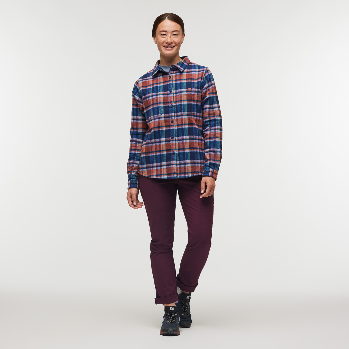 Mero Organic Flannel Shirt - Women's, Ink Plaid, Model Aya