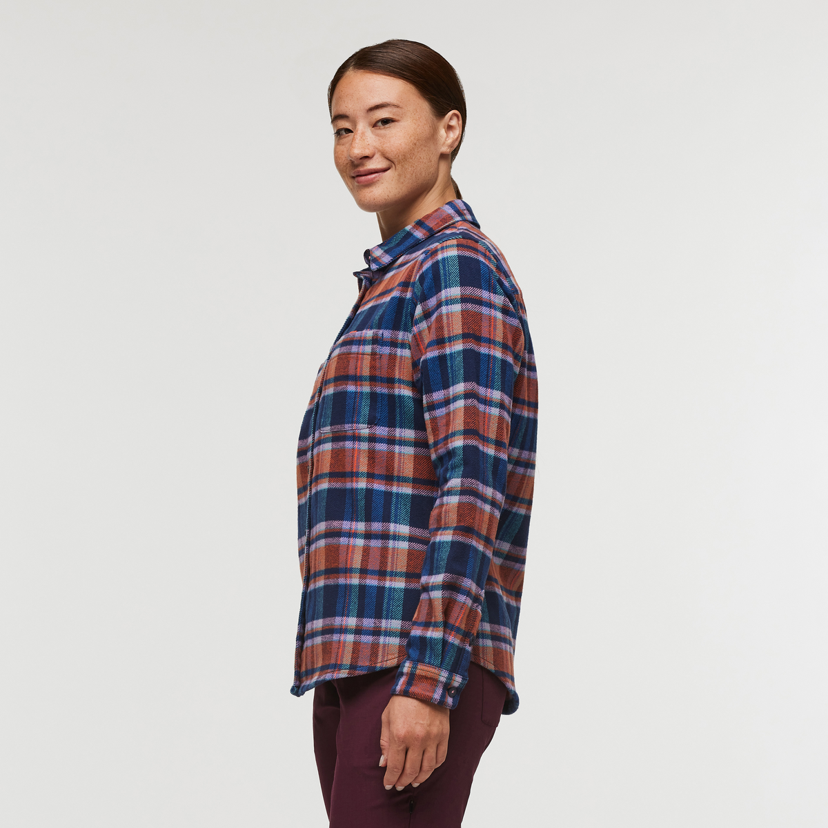 Mero Organic Flannel Shirt - Women's, Ink Plaid, Model Aya