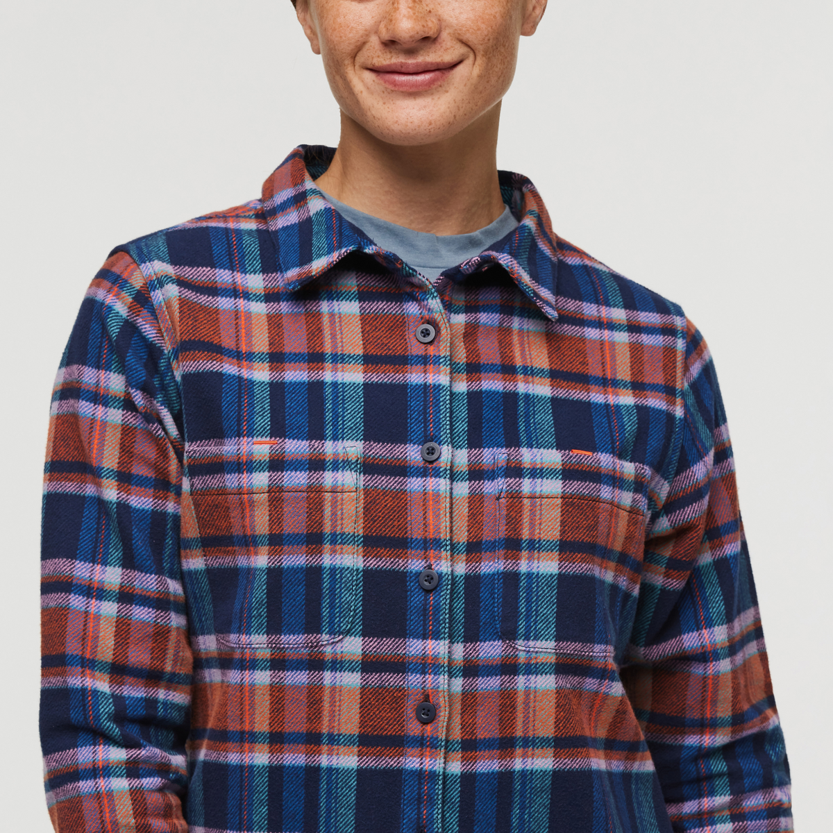 Mero Organic Flannel Shirt - Women's, Ink Plaid, Model Aya