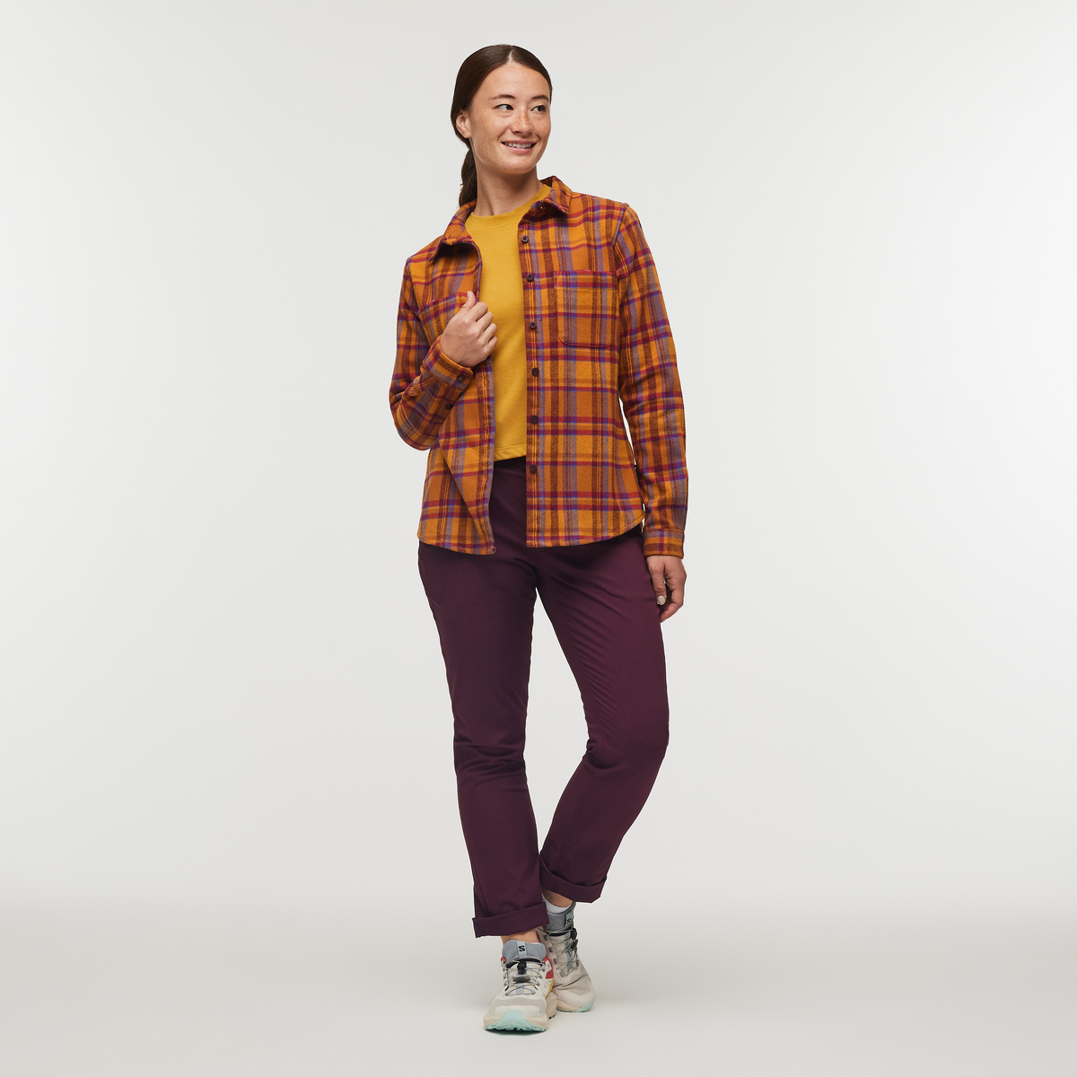 Mero Organic Flannel Shirt - Women's, Sienna Plaid, Model Aya