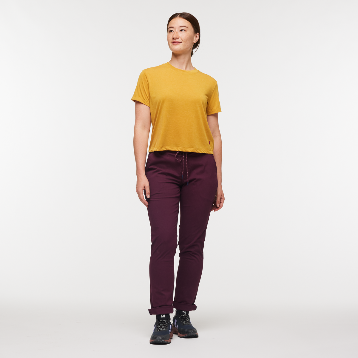 Paseo Travel Crop T-Shirt - Women's, Amber, Model Aya