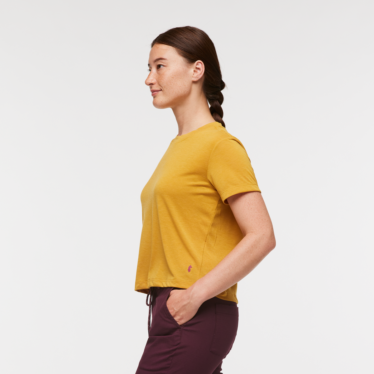 Paseo Travel Crop T-Shirt - Women's, Amber, Model Aya