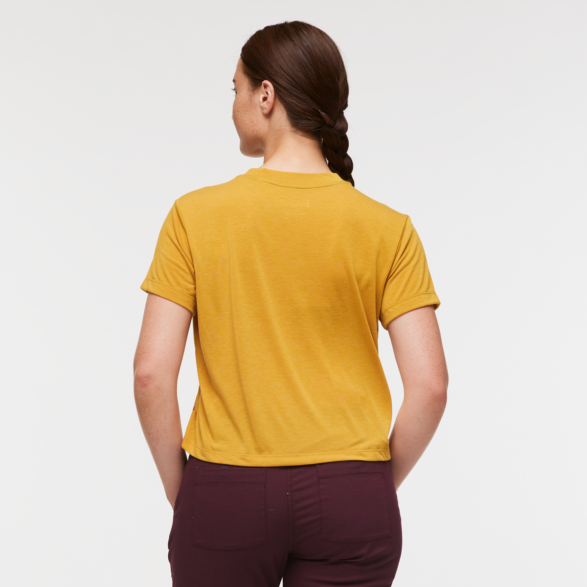 Paseo Travel Crop T-Shirt - Women's, Amber, Model Aya