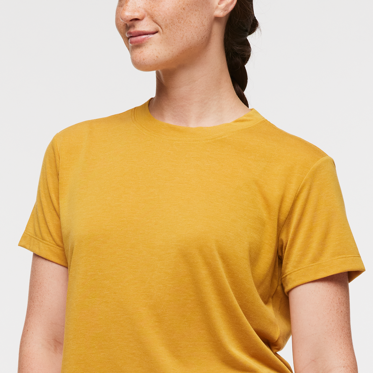 Paseo Travel Crop T-Shirt - Women's, Amber, Model Aya