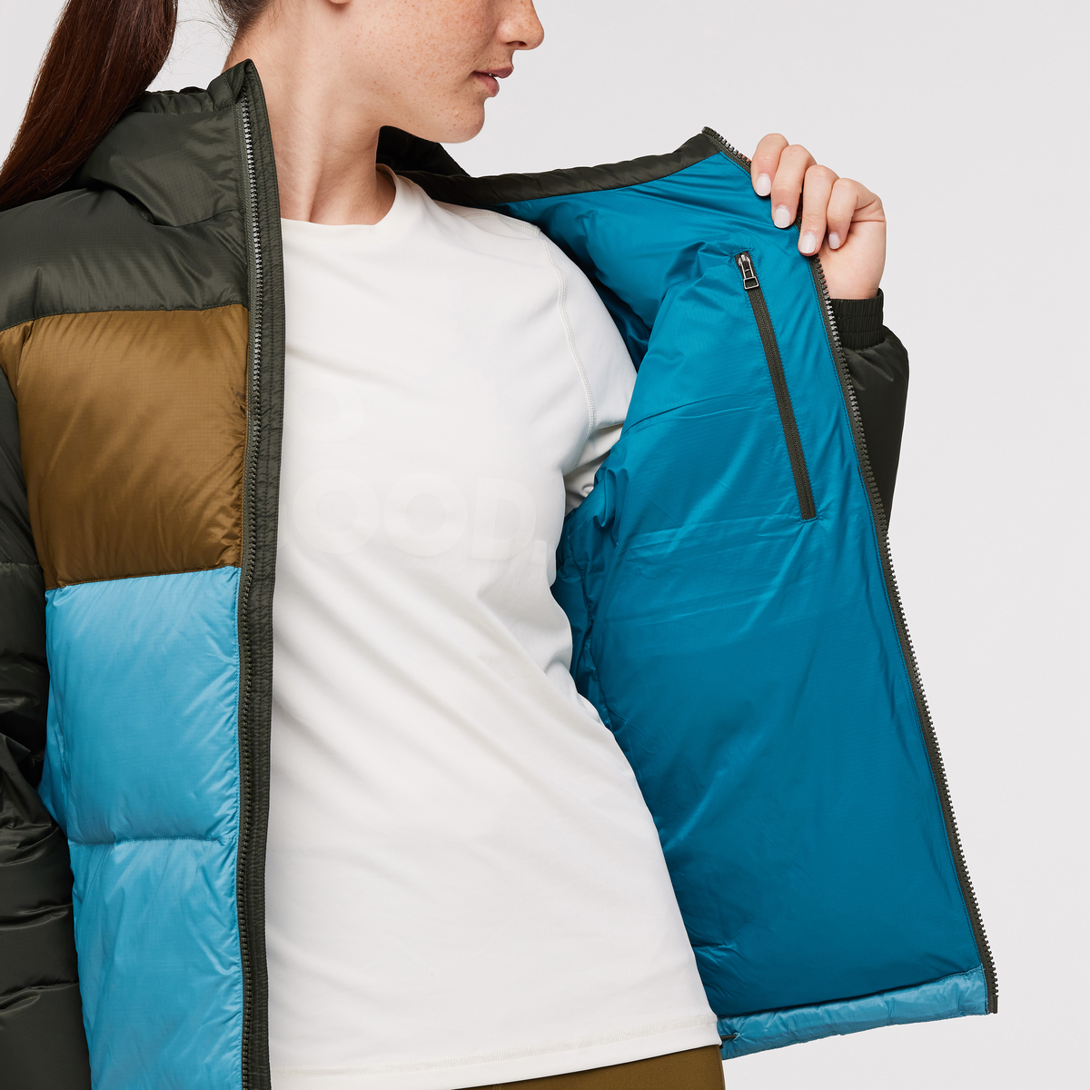 Solazo Down Hooded Jacket - Women's, Woods/Drizzle, Model Aya