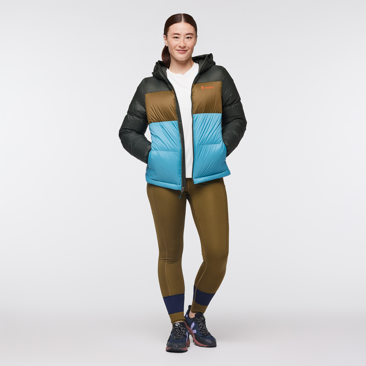 Solazo Down Hooded Jacket - Women's, Woods/Drizzle, Model Aya