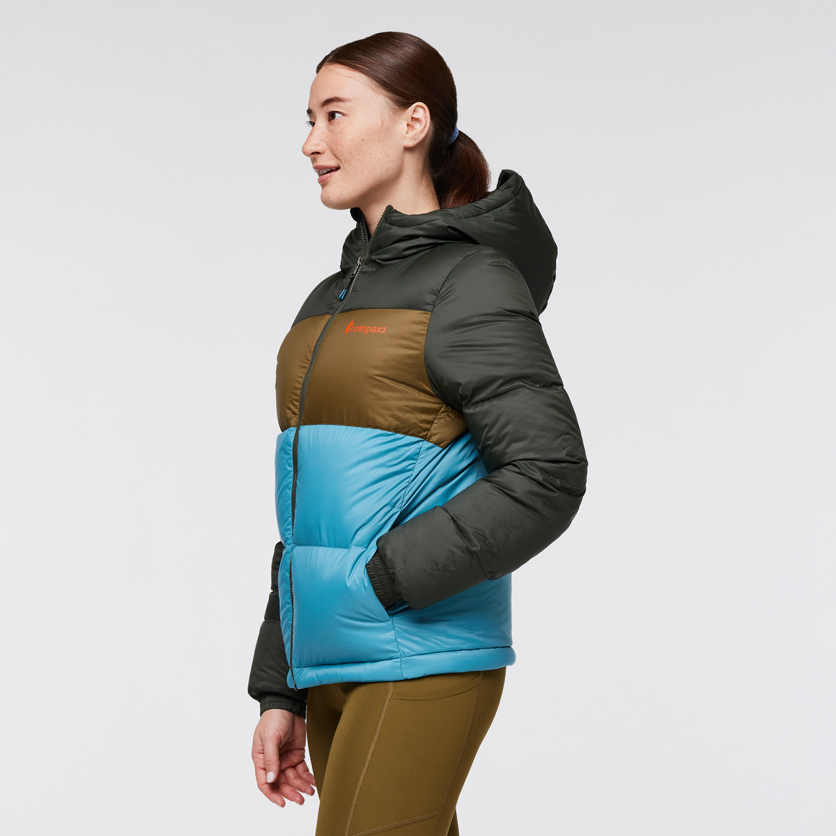 Solazo Down Hooded Jacket - Women's, Woods/Drizzle, Model Aya