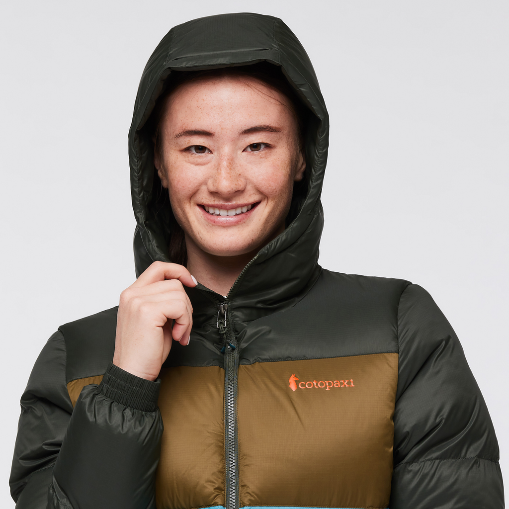 Solazo Down Hooded Jacket - Women's, Woods/Drizzle, Model Aya