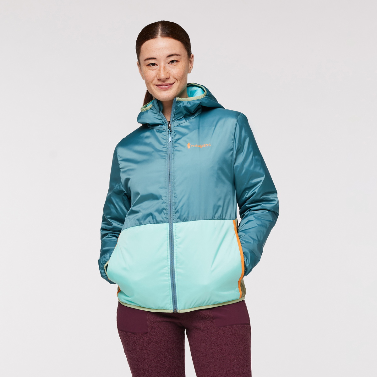 Teca Cálido Hooded Jacket - Women's, Blue Algae, Model Aya