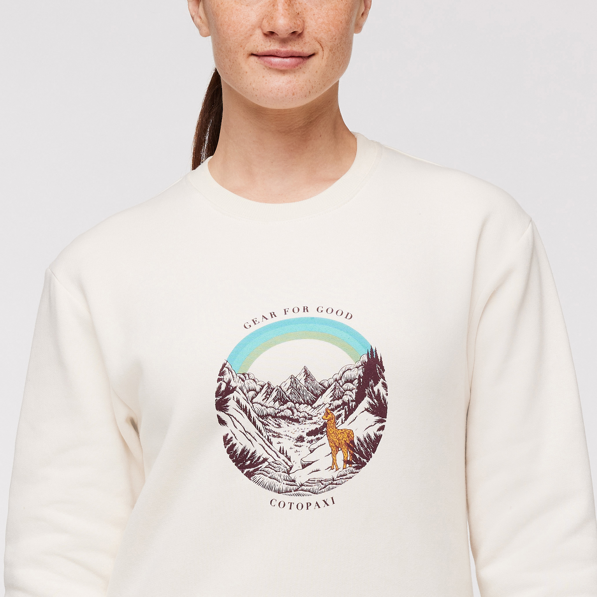 Traveling Llama Crew Sweatshirt - Women's, Bone, Model Aya