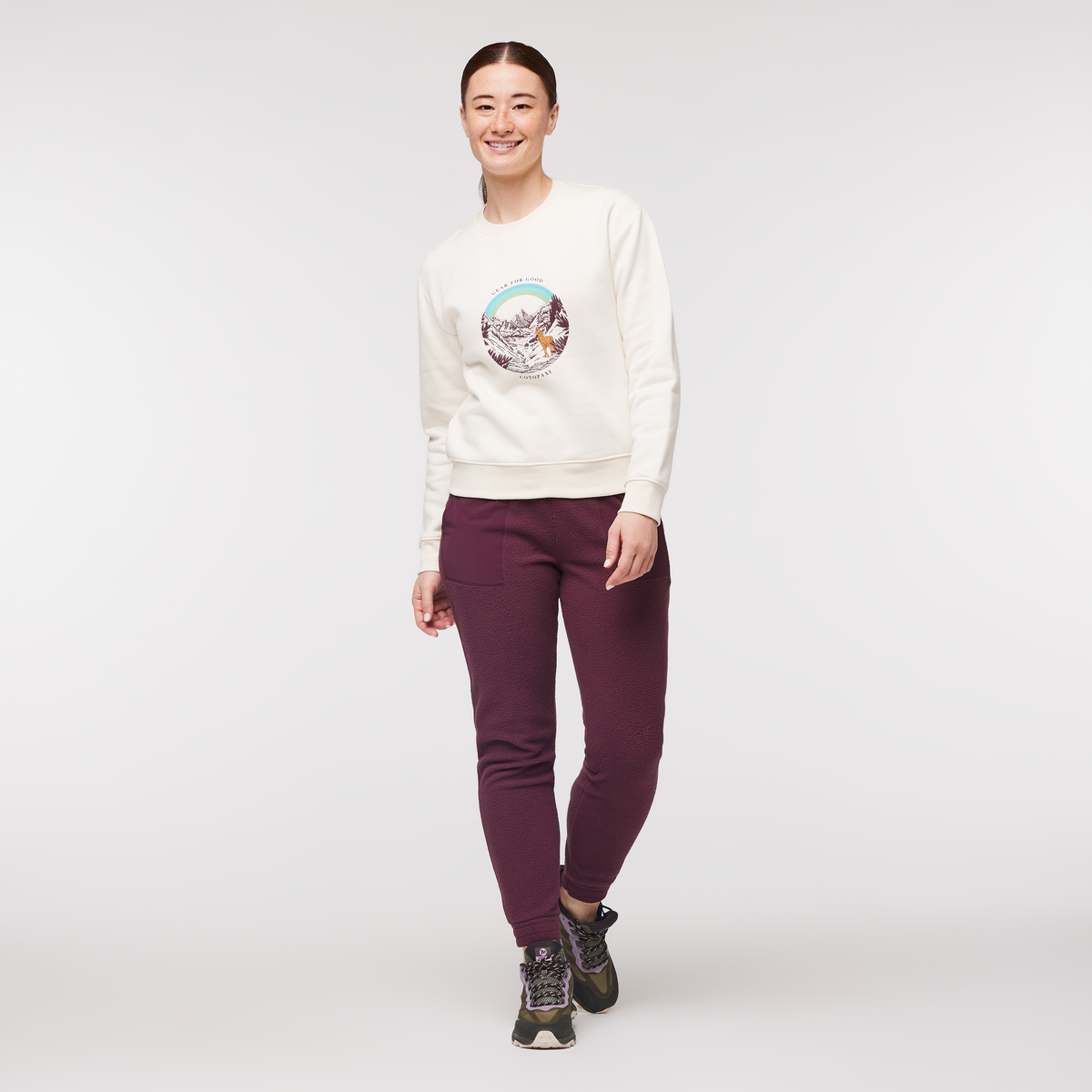 Traveling Llama Crew Sweatshirt - Women's, Bone, Model Aya