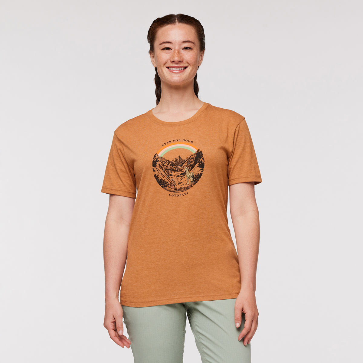 Traveling Llama T-Shirt - Women's, Saddle, Model Aya