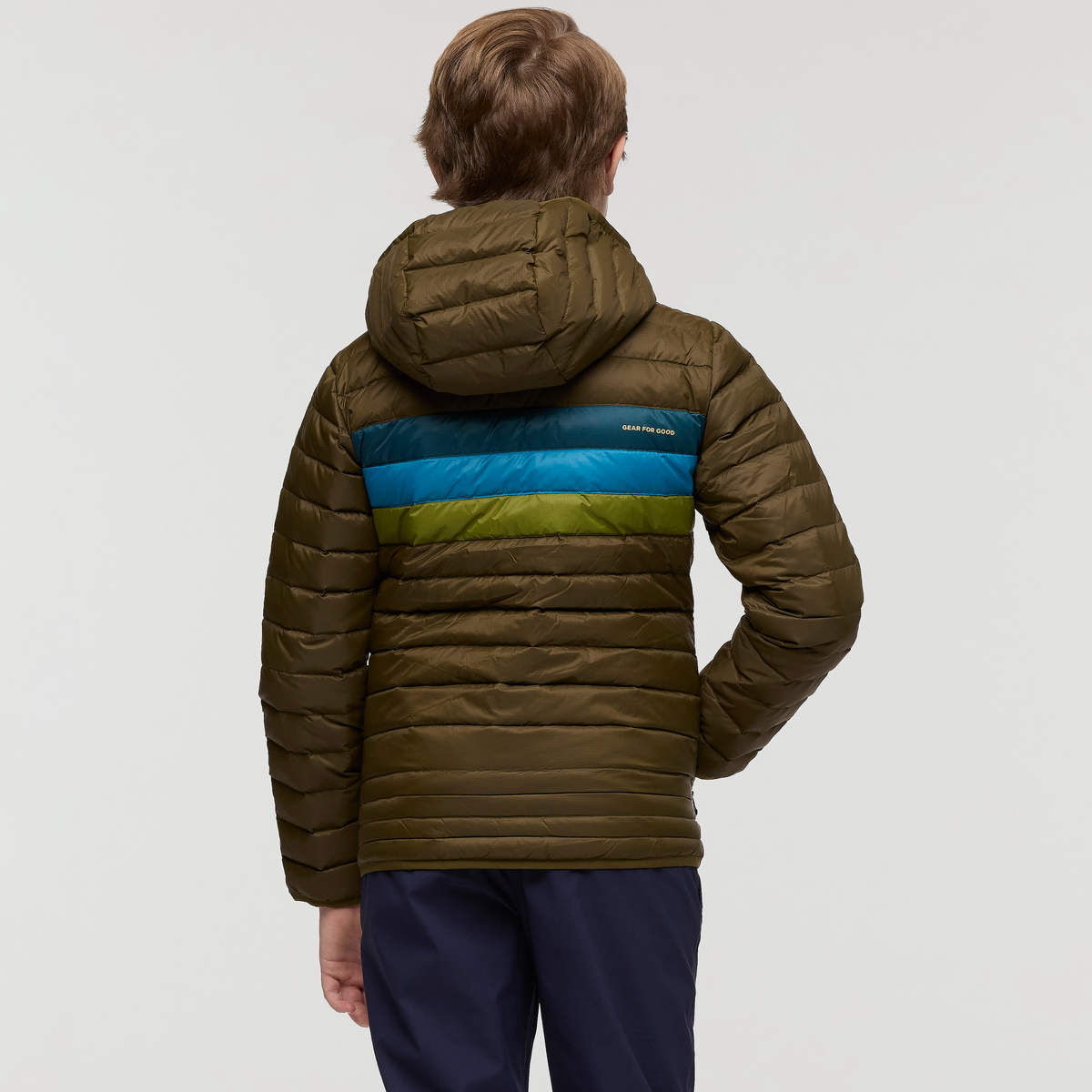 Fuego Hooded Down Jacket - Kids', Live Oak Stripes, Model Dax